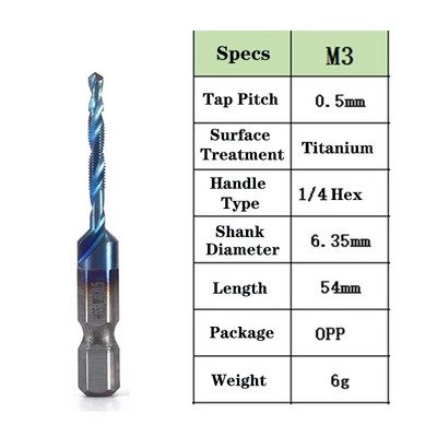1kom šesterokutni prihvat titanijski obložen HSS navoj za svrdla za metričke nareznice Svrdla za nareznice M3 M4 M5 M6 M8 M10 Ručni alati