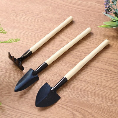 Set de 3 bucăți Mini instrumente de grădinărit pentru ghivece Mâner din lemn Lopată greblă lopată Multifuncțională pentru plante de uz casnic Bonsai Tools