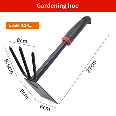 Vrtlarska lopatica, drljača s pet zuba, velika lopata i mala lopata, dvonamjenska motika, vrtlarski alati s crnom gumenom drškom