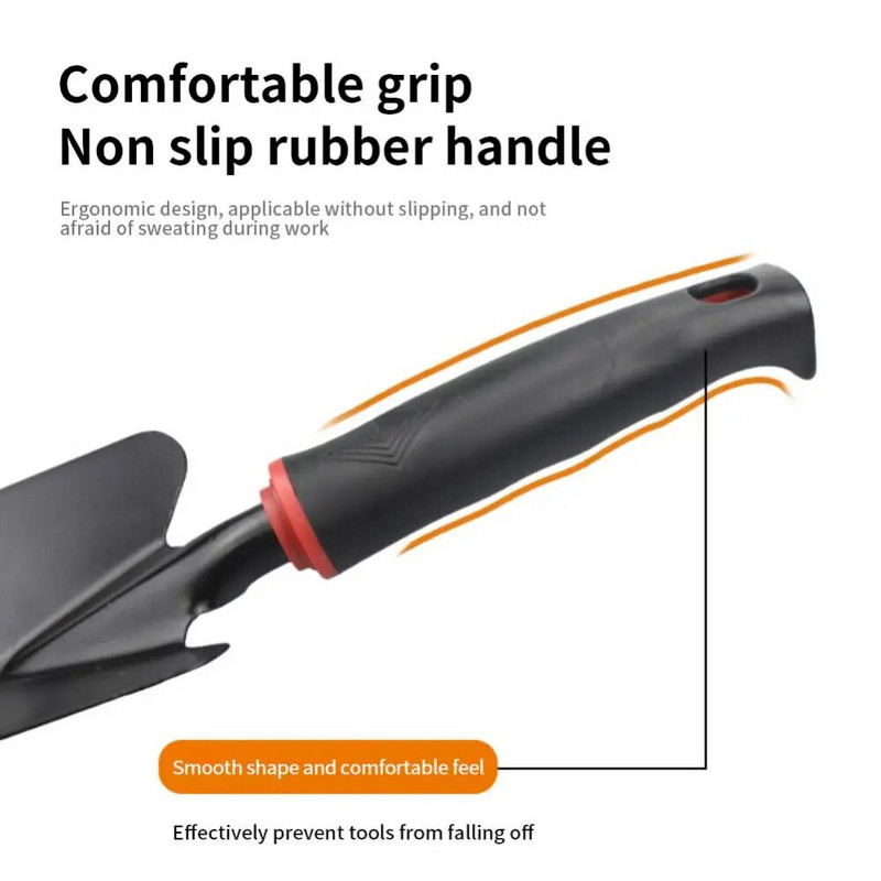 Vrtlarska lopatica, drljača s pet zuba, velika lopata i mala lopata, dvonamjenska motika, vrtlarski alati s crnom gumenom drškom