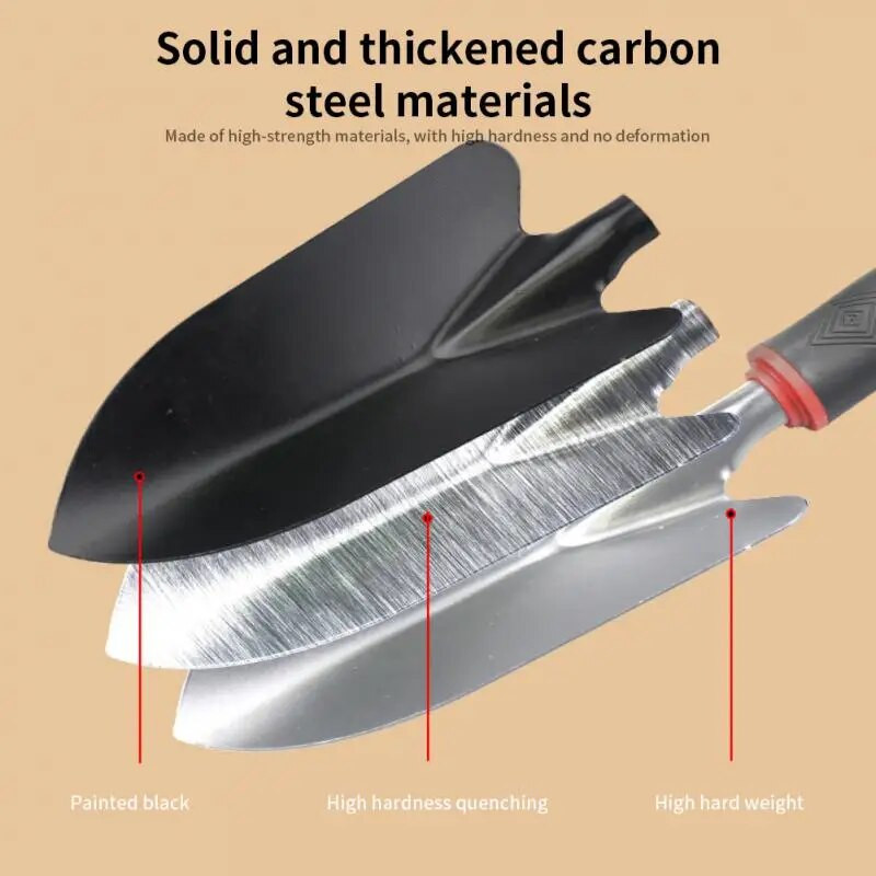 Vrtlarska lopatica, drljača s pet zuba, velika lopata i mala lopata, dvonamjenska motika, vrtlarski alati s crnom gumenom drškom