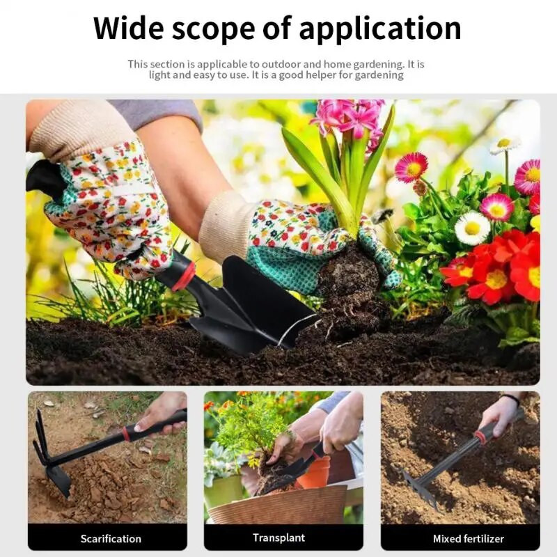 Vrtlarska lopatica, drljača s pet zuba, velika lopata i mala lopata, dvonamjenska motika, vrtlarski alati s crnom gumenom drškom