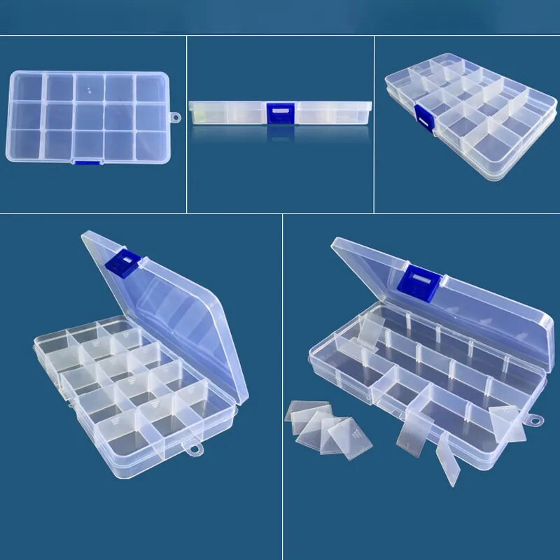 15 rešetki Prozirni plastični odjeljak za organizatore Podesiva kutija za spremnik za nakit Pravokutna kutija s gumbom