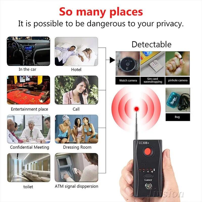 CC308+ Mini detector de cameră anti-candidă Cameră ascunsă anti-spion Bug semnal audio laser Mic cu gamă completă WiFi RF GSM Găsitor de dispozitiv