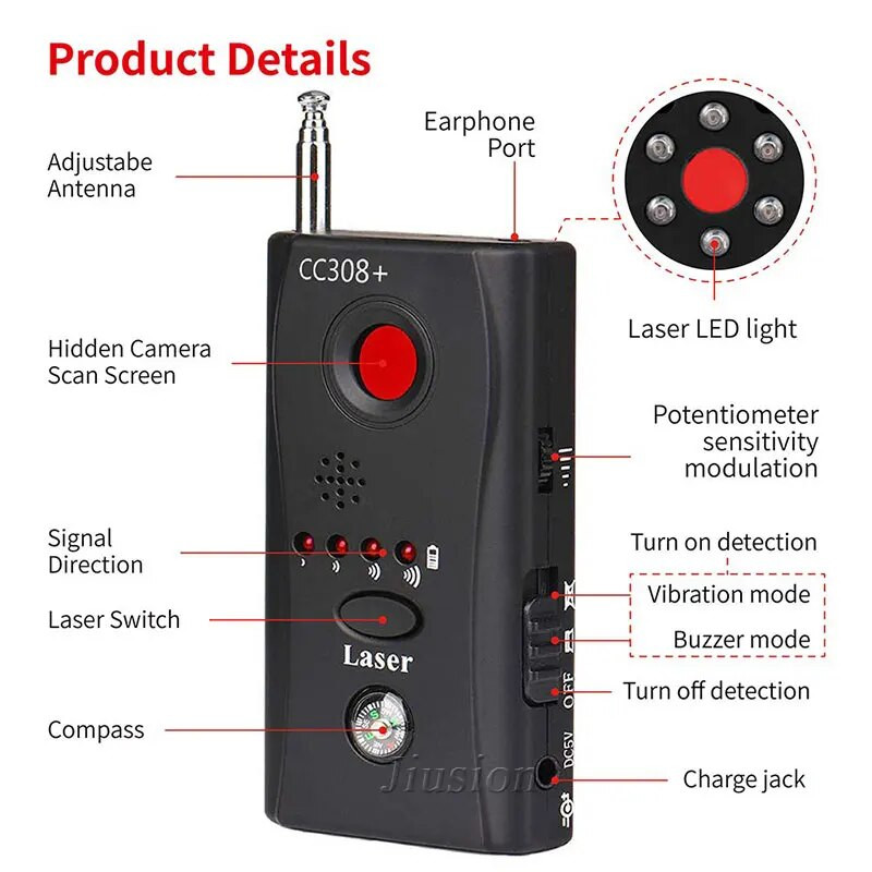 CC308+ Mini detector de cameră anti-candidă Cameră ascunsă anti-spion Bug semnal audio laser Mic cu gamă completă WiFi RF GSM Găsitor de dispozitiv