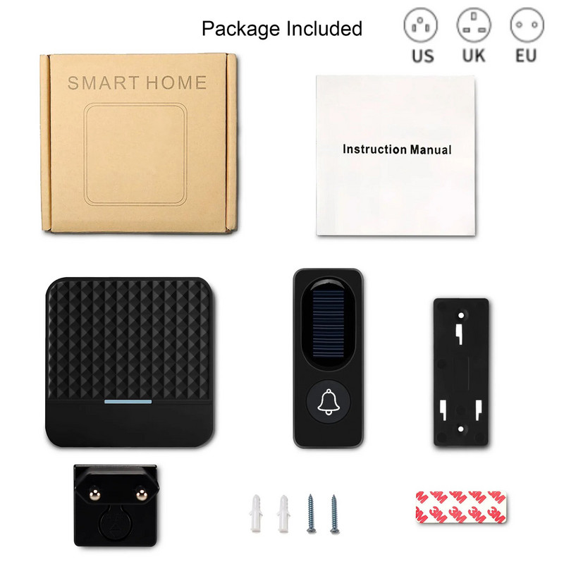 Pagrindinis belaidis durų skambutis, saulės energija, pasveikinimo draugas, išmanusis durų skambutis 300 m ilgo nuotolio IP65 vandeniui atsparus imtuvo durų skambučio komplektas