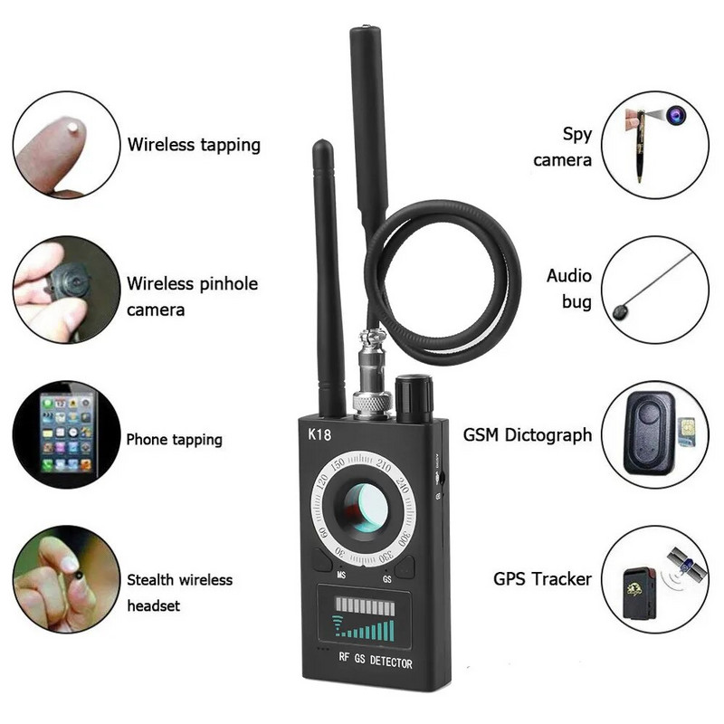 Găsitor de dispozitive cu lentile fără fir K18 multifuncțional anti-candidă GSM GSM Audio Bug Finder semnal GPS Tracker RF Detect
