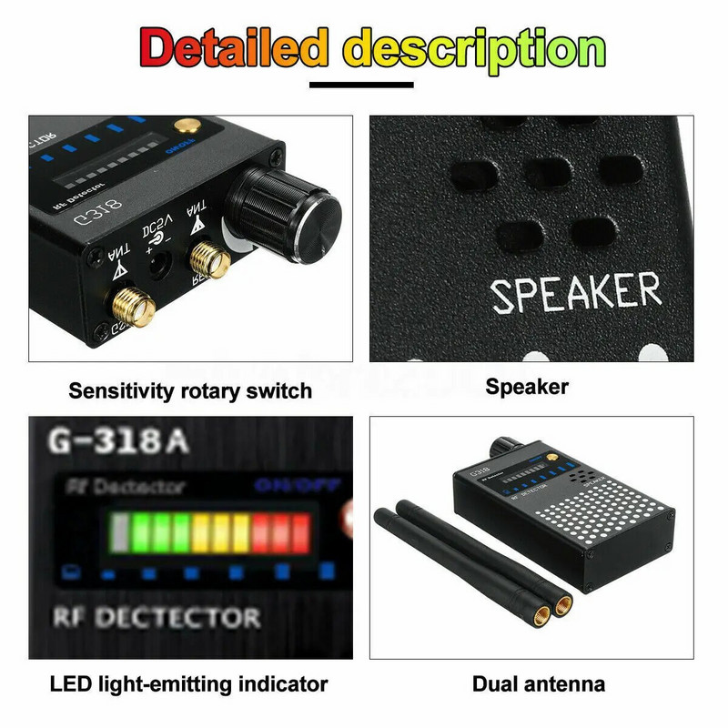 G318A Detector multifuncțional de monitor pentru cameră anti-spion GSM Audio Bug Finder RF Signal Tracker Detect GPS Tracker 1MHz-8000MHz