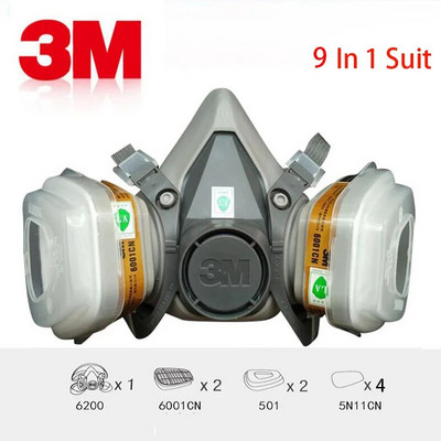1vnt 3M 6200 kaukė arba 9in1 6200 pusiau veido dujokaukė respiratorius su 6001/2091 filtru, tinka dažymui, purškimui, atsparus dulkėms