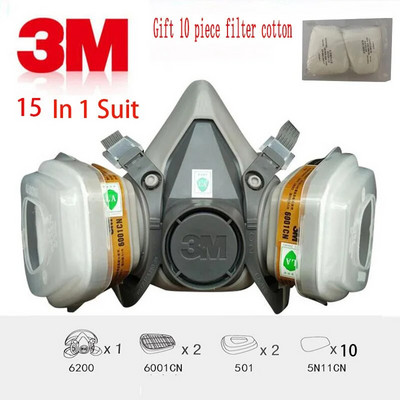 1vnt 3M 6200 kaukė arba 9in1 6200 pusiau veido dujokaukė respiratorius su 6001/2091 filtru, tinka dažymui, purškimui, atsparus dulkėms