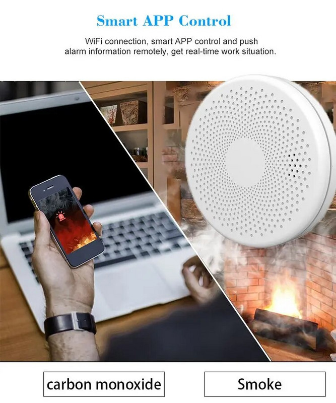 Tuya WIFI dūmų signalizatorius 2 viename dūmų anglies monoksido kombinuotas detektorius CO dūmų signalizacijos indikatorius, priešgaisrinės signalizacijos dūmų detektorius