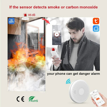 2 ΣΕ 1 Λειτουργία WiFi Tuya APP Smart Life Σπίτι Κουζίνα Δωμάτιο CO & ανιχνευτής καπνού Αισθητήρας πυρκαγιάς Ηχητικός συναγερμός Ειδοποίηση μονοξειδίου του άνθρακα