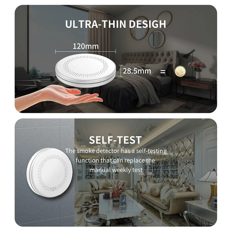 Ultratanki dizajn WiFi funkcija Tuya Smart Safety Detektor dima Kuhinjski zvučni alarm Uređaj za uzbunu senzora požara