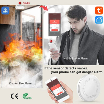 Ултра тънка WiFi функция Tuya Smart Life Семейна кухня Стая Магазин Детектор за дим Пожар PIR Звукова аларма Сензор CE EN14604 Одобрение