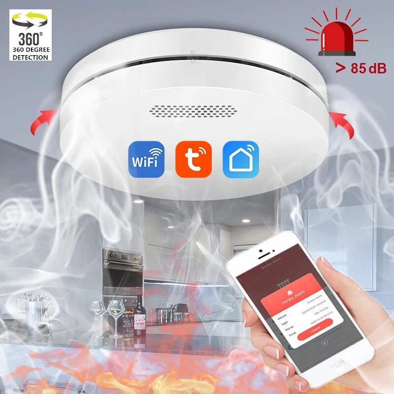 Funcție WiFi ultra subțire Tuya Smart Life Familie Bucătărie Cameră Magazin Detector de fum Incendiu PIR Senzor de alarmă sonoră Aprobare CE EN14604