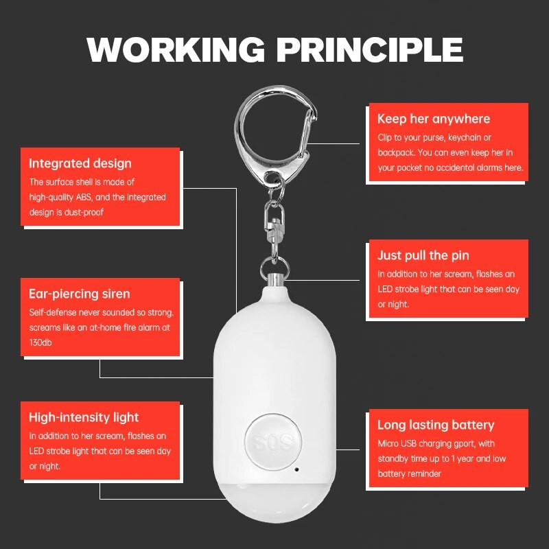 Personīgais SOS aizsardzības trauksmes signāls 130 dB ar LED gaismu uzlādējams pašaizsardzības sievietes drošības signalizācija atslēgu ķēdes avārijas pretuzbrukums