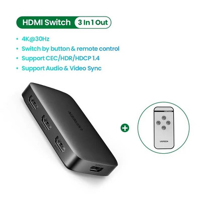 Διακόπτης UGREEN HDMI για Xiaomi Mi Box 3 σε 1 έξοδο Συμβατός με HDMI Switcher 4K30Hz για TV Box Διακόπτης PS4 με καλώδιο HDMI ελεγκτή