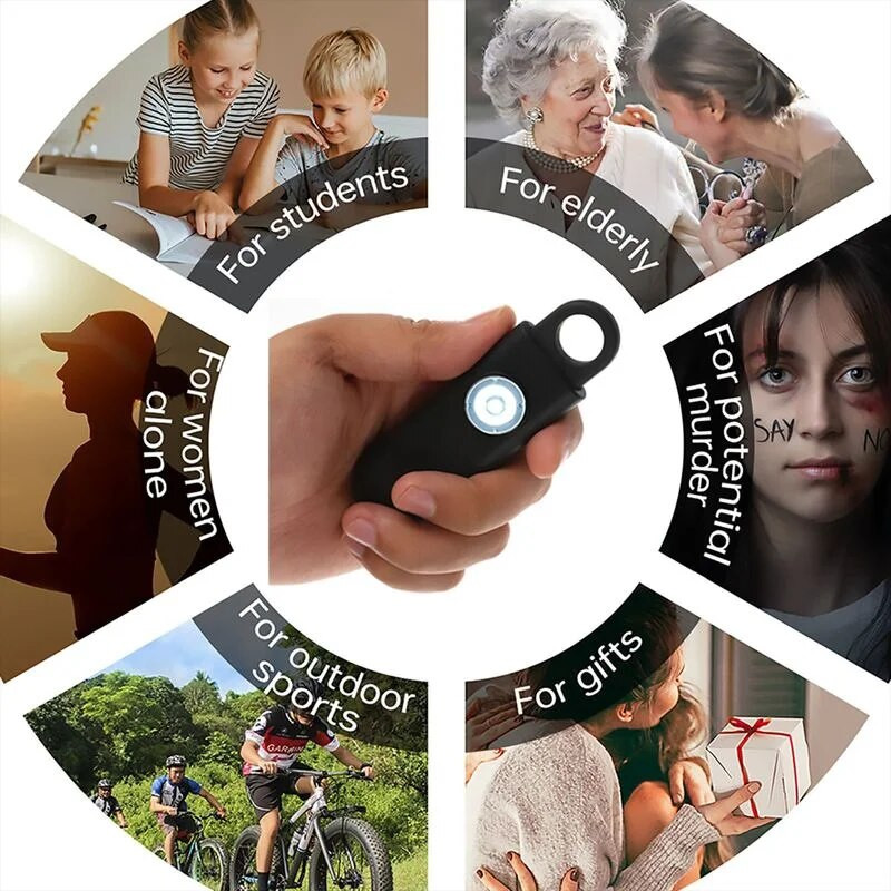 Önvédelmi LED zseblámpa USB újratölthető kulcstartó lámpa biztonsági riasztóval, védőkellékekkel női kültéri vészhelyzeti eszköz