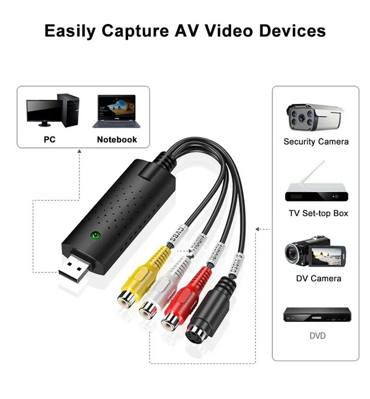 USB 2.0 CVBS S-video AV audio video tveršanas karte DVD videomagnetofonam drošības kamerai VHS atskaņotājs TV televizora pierīce operētājsistēmai MAC Windows Win7/8/10