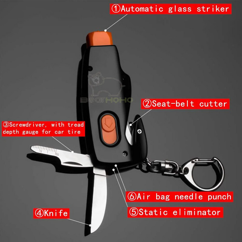 6 az 1-ben autó biztonsági kalapács és biztonsági öv vágó vészkulcstartó automata ablaktörő EDC menekülési eszköz elektrosztatikus eltávolítás
