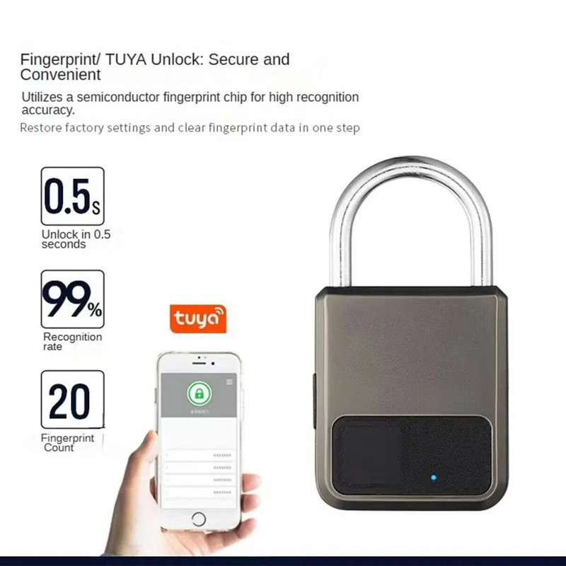Интелигентни преносими пръстови отпечатъци Tuya APP Pad Lock с поддръжка на USB ключ за спешна употреба 1 година след еднократно зареждане
