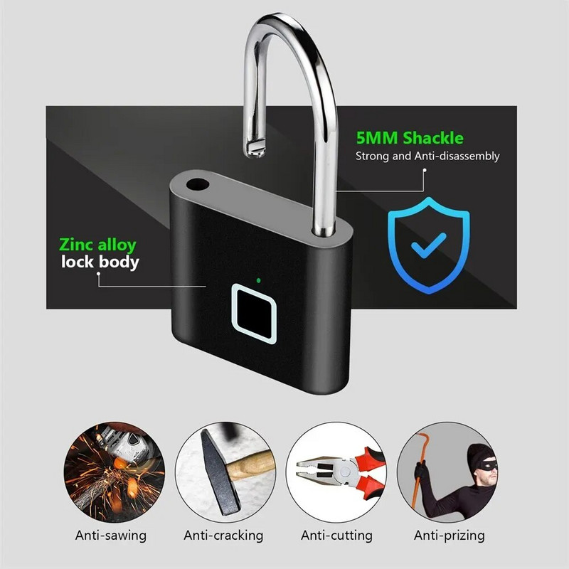 KERUI beraktė USB įkrovimo pirštų atspaudų užraktas Smart Padlock vandeniui atsparus durų užraktas 0,2 sek. Atrakinimas Nešiojama nuo vagystės cinkuota pakabinama spyna