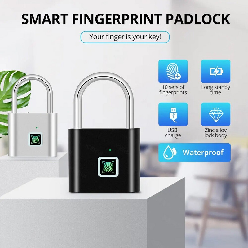 KERUI beraktė USB įkrovimo pirštų atspaudų užraktas Smart Padlock vandeniui atsparus durų užraktas 0,2 sek. Atrakinimas Nešiojama nuo vagystės cinkuota pakabinama spyna