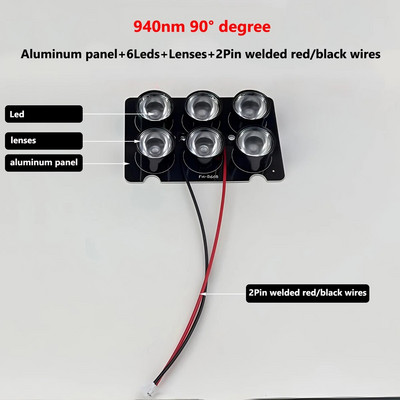 Πίνακας πίνακα IR Illuminator Floodlight για κάμερα ασφαλείας, πλάκα + 6 LED + φακούς + 2 ακίδες Κόκκινα/Μαύρα καλώδια