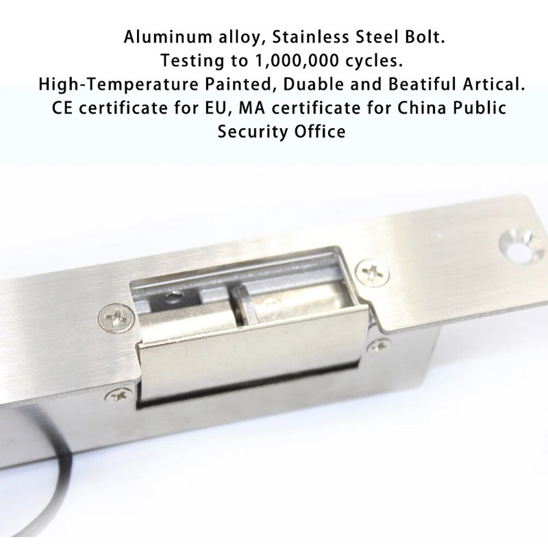 Nerūsējošā līdzstrāvas 12 V elektriskā streikojoša durvju slēdzene piekļuves kontroles sistēmai, droša vai droša elektriskā slēdzene
