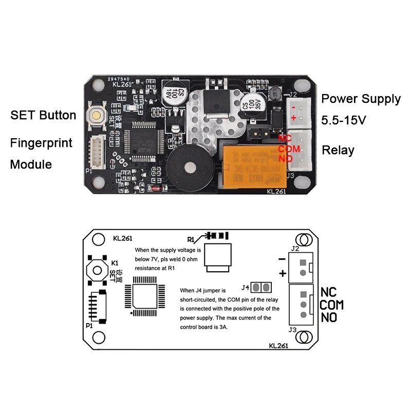 KL261 pirkstu nospiedumu vadības paneļa modulis DC5.5-15V zema jaudas patēriņa releja izejas administratora/lietotāja funkcija piekļuves kontrolei