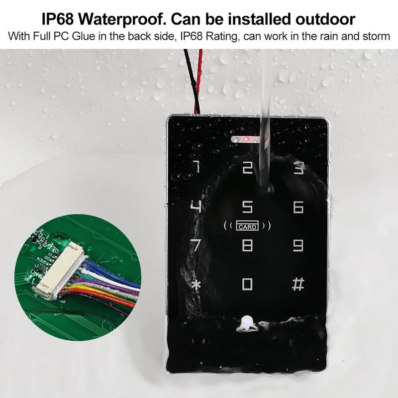 NFC aizmugurgaismojuma skārienjutīgais divfrekvences 125KHz + 13,56MHz RFID kartes piekļuves kontroles tastatūra Durvju slēdzenes atvērējs WG izeja IP68 ūdensizturīgs
