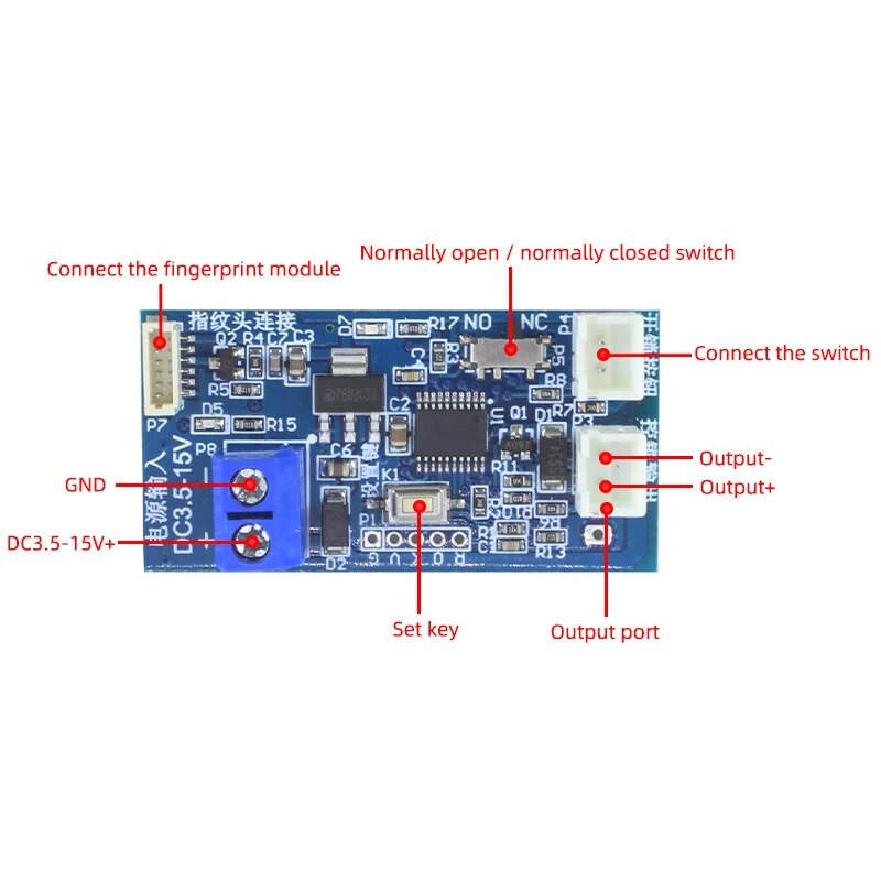DC3.5V-15V Elektromagnētiskās slēdzenes V1 vadības moduļa ūdensnecaurlaidīga pirkstu nospiedumu galviņas pārbaude, identifikācija un atbloķēšana