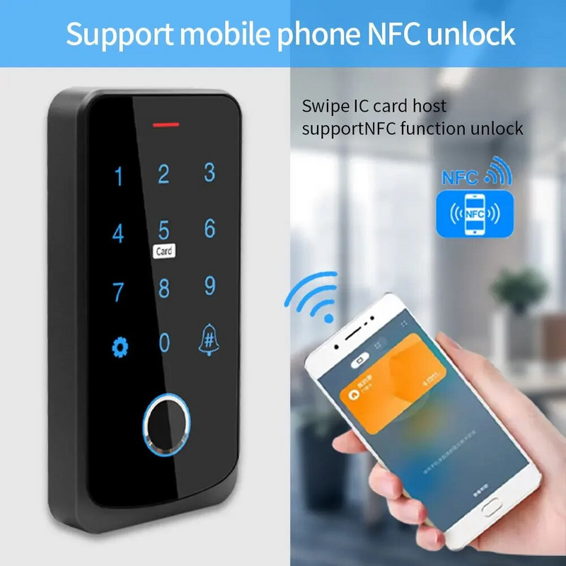 NFC Bluetooth Tuya App RFID IC M1 piekļuves kontroles tastatūra IP65 ūdensizturīgs biometriskais pirkstu nospiedumu skārienekrāna piekļuves kontrolieris