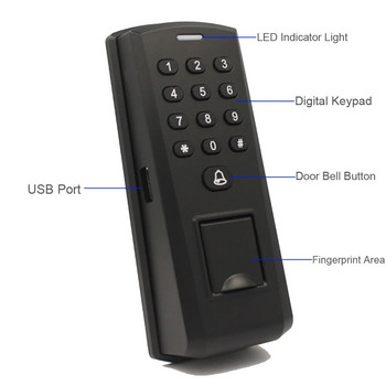 2.000 Ελεγκτής πρόσβασης δακτυλικών αποτυπωμάτων Reader Wiegand 26 125khz RFID ID Card Reader 1.000 Users Password Door Opener with Doorbell