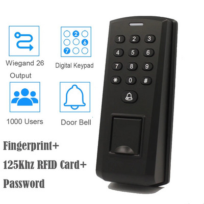 2000 ujjlenyomat hozzáférés-vezérlő olvasó Wiegand 26 125 khz RFID azonosító kártya olvasó 1000 felhasználó jelszavas ajtónyitó ajtócsengővel