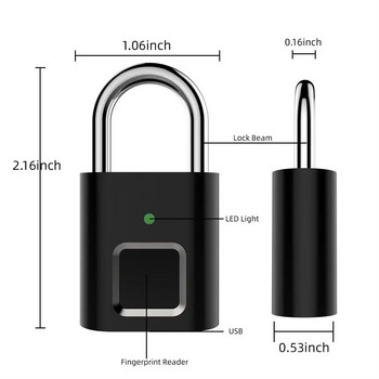 Λουκέτο δακτυλικών αποτυπωμάτων Βιομετρική μεταλλική κλειδαριά αντίχειρα χωρίς κλειδί επαναφορτιζόμενη USB για βιβλιοθήκη αποσκευών Βαλίτσα πλάτης Πόρτα ποδηλάτου