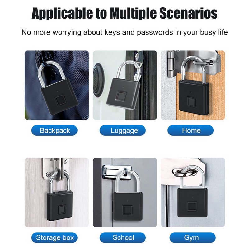 USB C įkraunama pirštų atspaudų išmanioji pakabinama spyna be raktų durų užraktas Nešiojamas pirštų atspaudų užraktas krepšio stalčiui, lagaminui, sporto salė