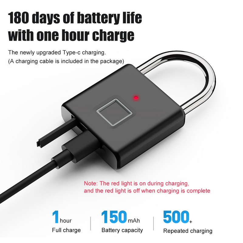 USB C įkraunama pirštų atspaudų išmanioji pakabinama spyna be raktų durų užraktas Nešiojamas pirštų atspaudų užraktas krepšio stalčiui, lagaminui, sporto salė