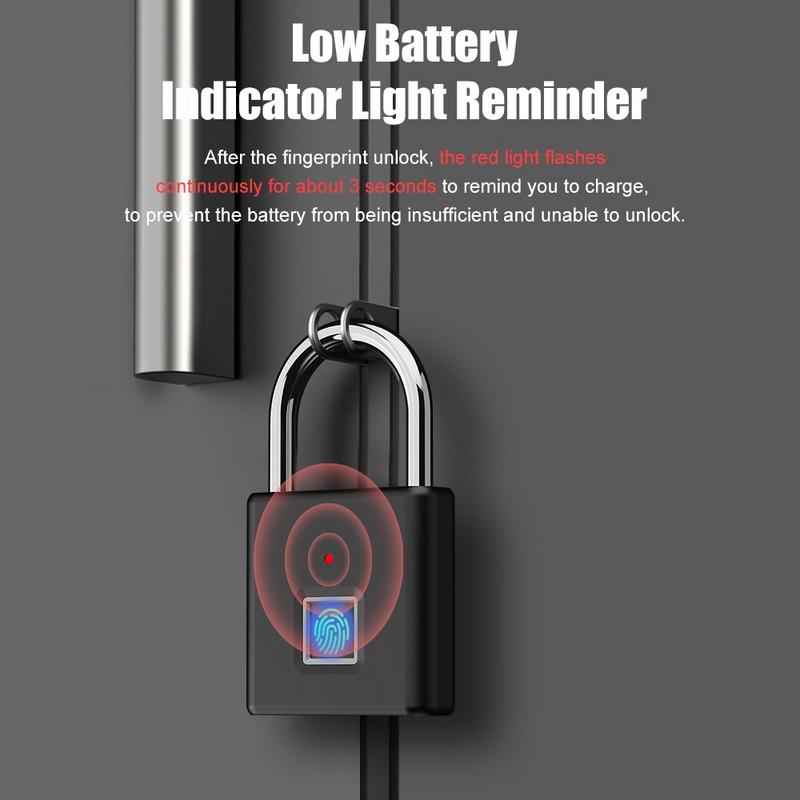 USB C įkraunama pirštų atspaudų išmanioji pakabinama spyna be raktų durų užraktas Nešiojamas pirštų atspaudų užraktas krepšio stalčiui, lagaminui, sporto salė