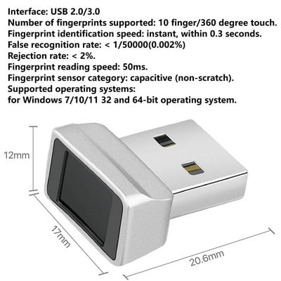 USB-sõrmejäljelugejad, paroolivaba sisselogimismoodul, puutetundlikud sõrmejäljelugejad Windows 10 Hello PC sülearvuti sõrmejäljelugejatele