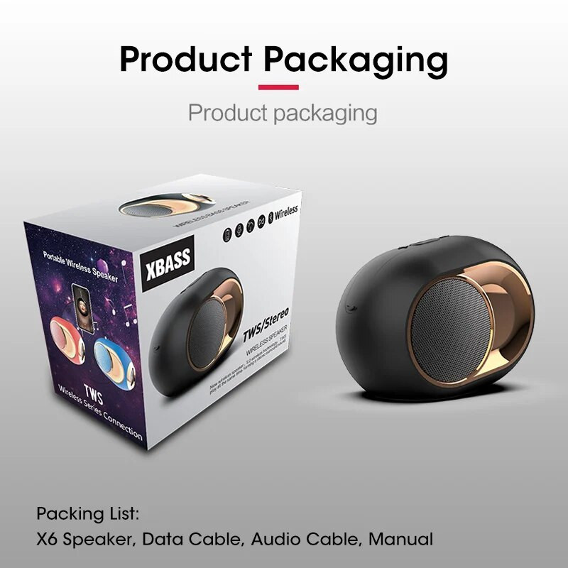X6 Bluetooth 5.0 garsiakalbis TWS nešiojamieji belaidžiai garsiakalbiai, skirti telefono kompiuteriui, vandeniui atsparūs lauko stereofoninės muzikos palaikymas TF AUX USB FM
