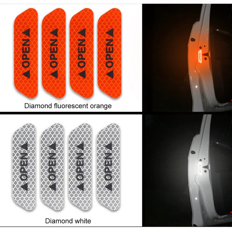 4 vnt / rinkinys automobilio durelių lipdukai Universali juosta, įspėjamasis saugos ženklas ATIDARYTA Aukštą šviesą atspindinti juosta Automatinės vairavimo saugos šviesą atspindinčios juostelės