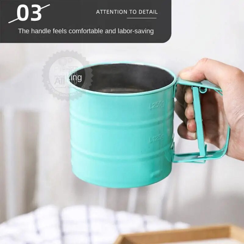 Nerūdijančio plieno rankiniai miltų sieto kepimo įrankiai Nelipnūs sieto puodelio tipai Pusiau automatiniai sietiniai buitiniai virtuvės įrankiai