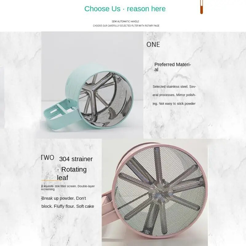 Nerūdijančio plieno rankiniai miltų sieto kepimo įrankiai Nelipnūs sieto puodelio tipai Pusiau automatiniai sietiniai buitiniai virtuvės įrankiai