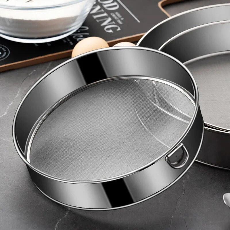 Itin smulkus 60 tinklelio nerūdijančio plieno miltų sietelis, apvalus cukraus, kakavos miltelių sieteliai, kepimo tešlos sietelis Virtuvės priedai