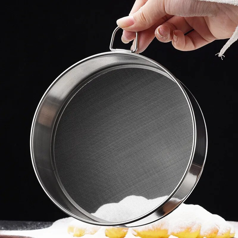 Itin smulkus 60 tinklelio nerūdijančio plieno miltų sietelis, apvalus cukraus, kakavos miltelių sieteliai, kepimo tešlos sietelis Virtuvės priedai