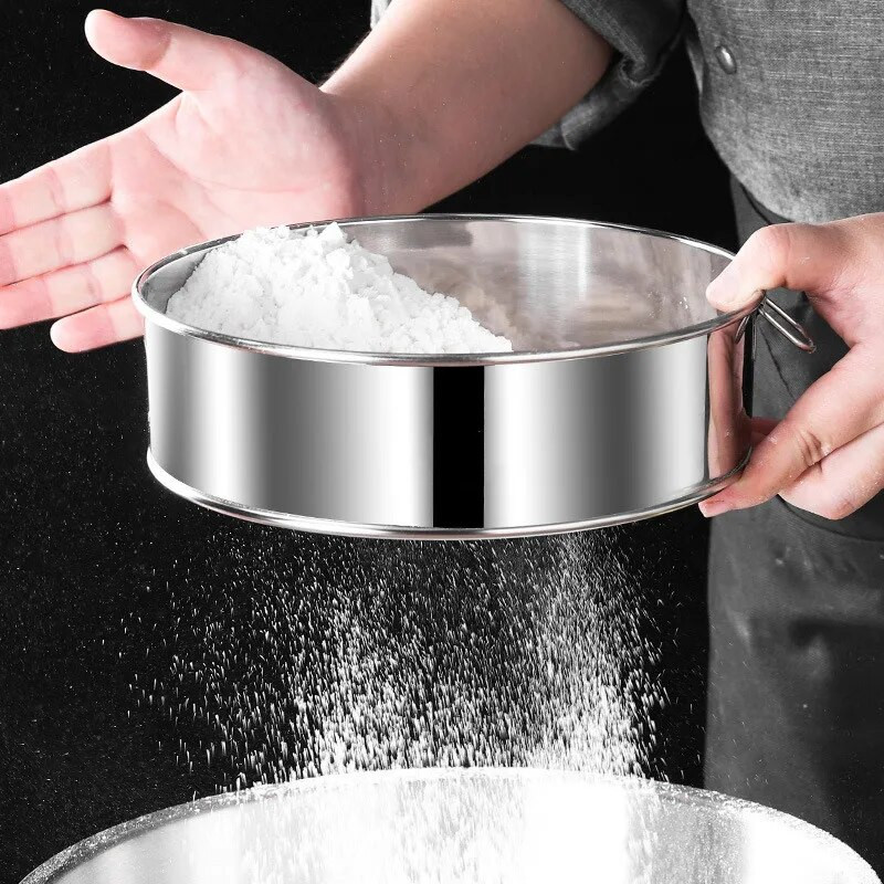 Itin smulkus 60 tinklelio nerūdijančio plieno miltų sietelis, apvalus cukraus, kakavos miltelių sieteliai, kepimo tešlos sietelis Virtuvės priedai