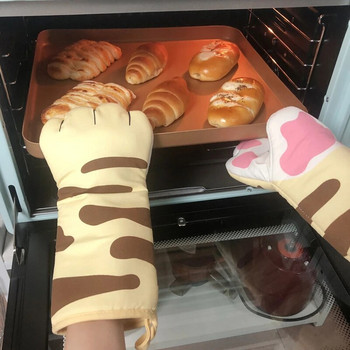 Αντιολισθητικά γάντια κουζίνας Cartoon Cat Paws Γάντια φούρνου Μακριά βαμβακερά μόνωση ψησίματος Γάντια ψησίματος Ανθεκτικά στη θερμότητα μικροκυμάτων