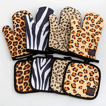 1 комплект изолация Подложка с леопардов мотив Готварски ръкавици за микровълнова фурна Печене на барбекю Държачи за тенджери Ръкавици за фурна Подложка за държачи за тенджери Кухненски ръкавици