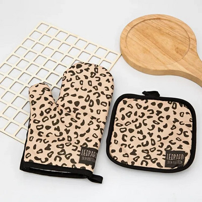 1 set de tampon izolator cu model leopard pentru gătit mănuși pentru cuptor cu microunde, coacere, grătar, suporturi pentru cuptor, mănuși de cuptor, suport pentru oală, mănuși de bucătărie